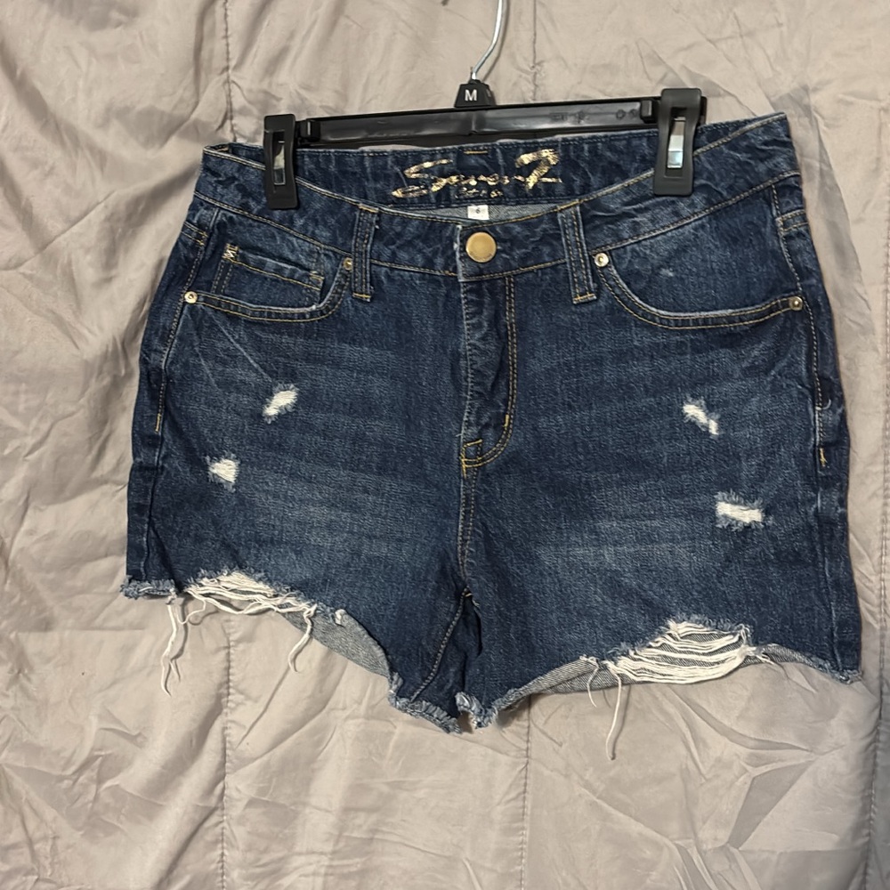 Seven7 Blue Distressed Jean Shorts with Frayed Hem
